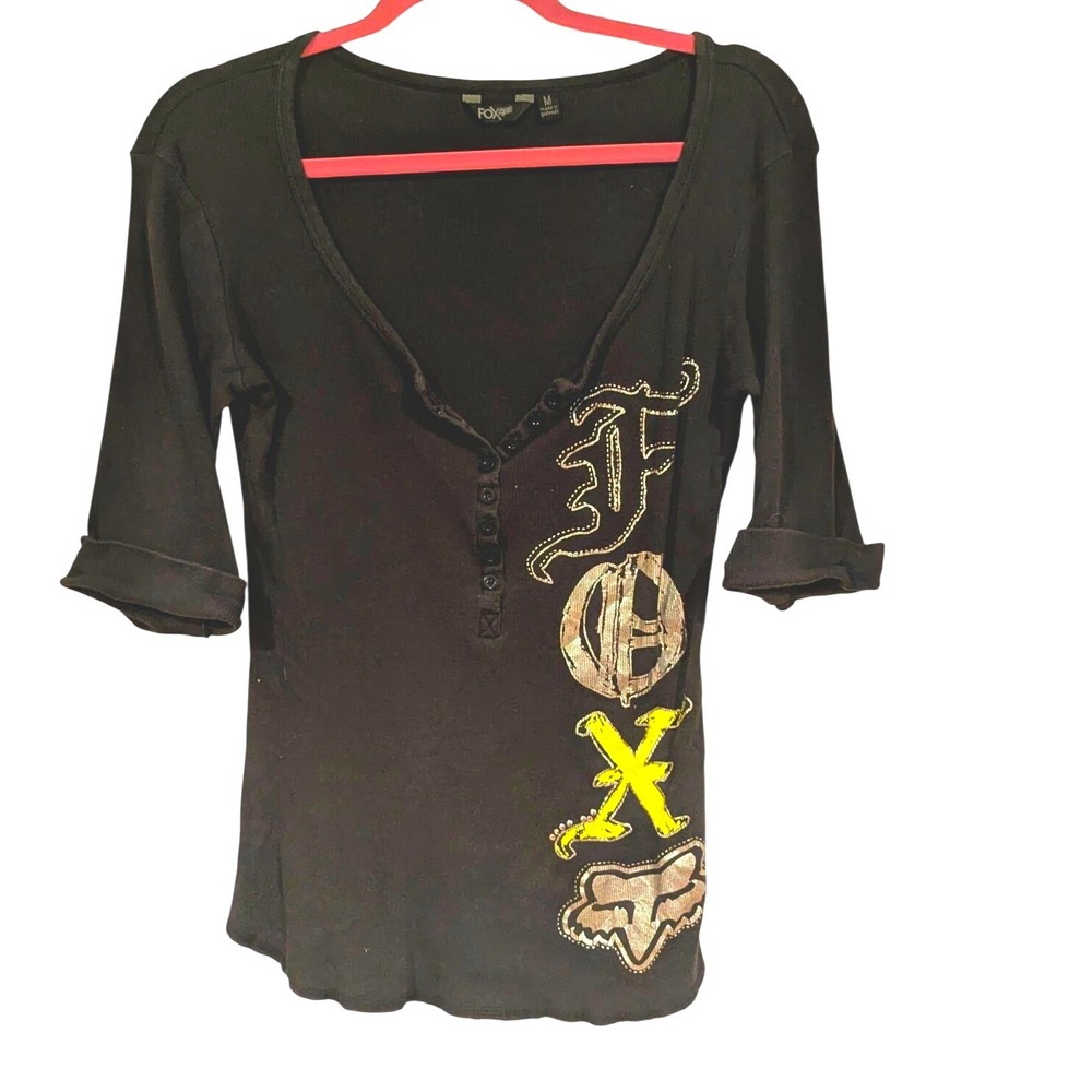 Fox Racing Womens Black Ribbed Henley Graphic‎ 3/4 Sleeve Top Rhinestone Medium